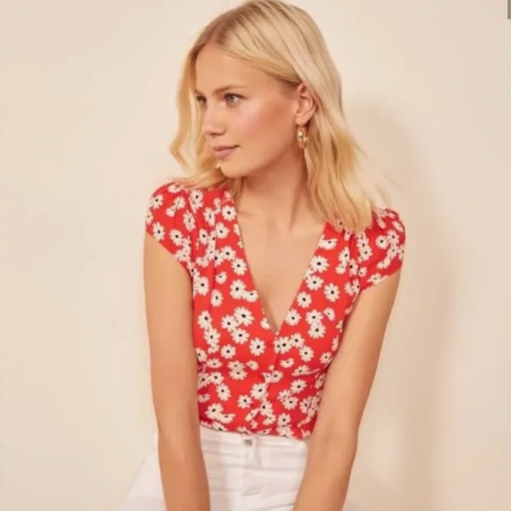 Reformation Bella Red Floral Blouse in Oopsie Daisy